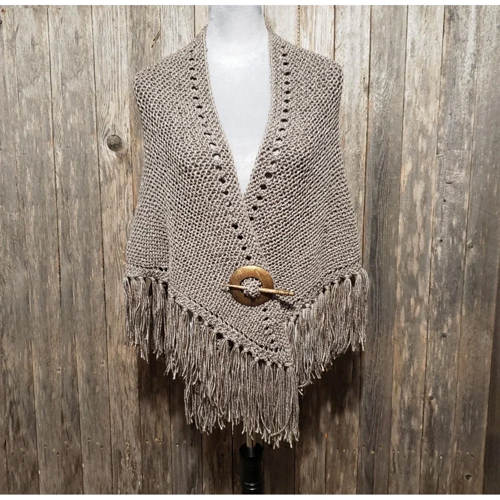 NEW‎ Taupe Metallic Hand Knitted Shawl Wrap Scarf Boho Hippie Fringe Art Cottage